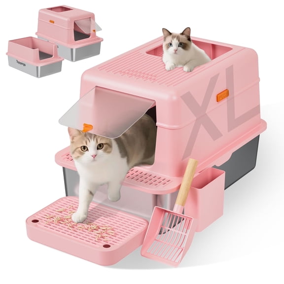 Stainless Steel Litter Box with Lid, 20L Metal Enclosed Litter Box for Big Cat, Flip-Top Design with Anti-Leakage High Sides, Large Cat Lovers Gifts, Pink