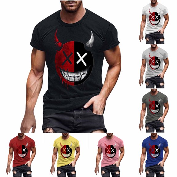 UVEASISHA Men's Novelty Graphic T-Shirts Short Sleeve Funny Face Printed Casual Tees Breathable Slim Fit Gym Workout Shirts Comfy Crewneck Pullover White L