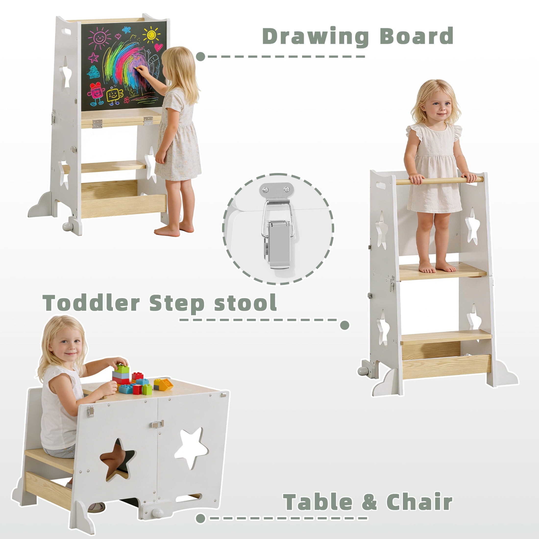 Noble House 3-in-1 Toddler Kitchen Step Stool with Blackboard and Convertible Table & Chair Set, Learning Tower, White