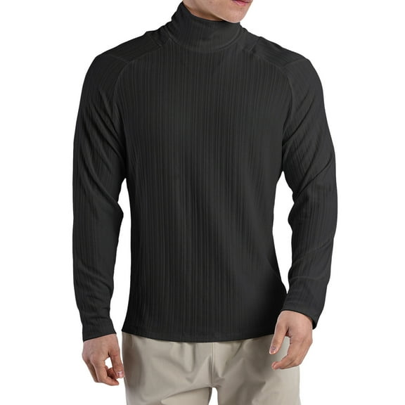 Men's High Neck Pleated Textured Loose Long Sleeved T Shirt, Polyester and Spandex, for Training and Lounging