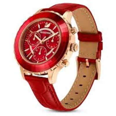 Swarovski Crystal Octea Lux Chrono,  Red Leather Rose Gold Tone Women's Watch 5646975
