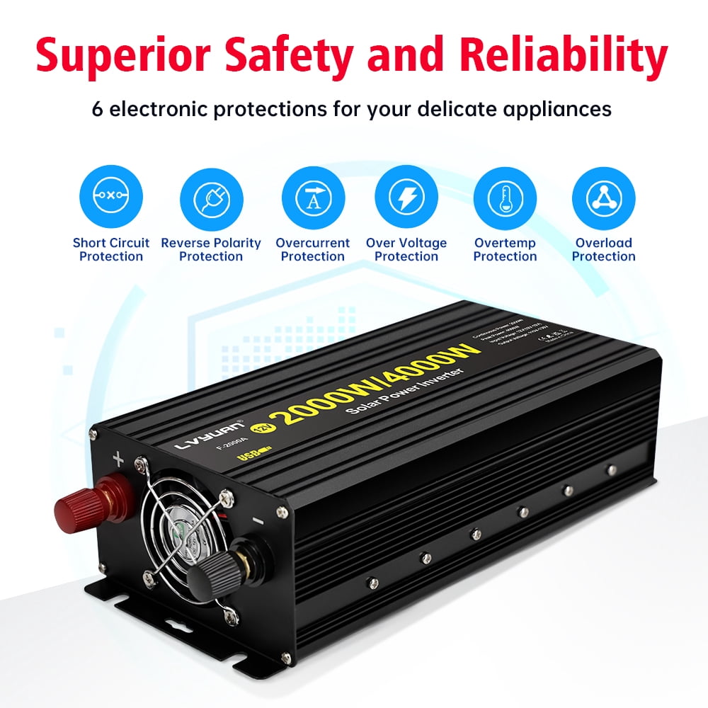 2000W 4000W Peak Modified Sine Wave Power Inverter 12V DC to 110V AC Converter Adapter USB Charger, 2AC Outlets & 2 USB, LED Display for Car, RV, Outdoor Camping & Home Backup Black