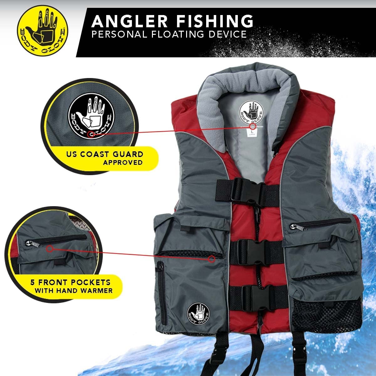 Body Glove Angler Unisex Adult Fishing PFD Life Jacket USCG Approved, Red