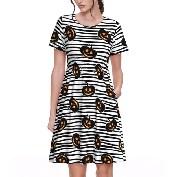 Balery Haloween Pumpkins Vestidos sueltos de manga corta para mujer, vestidos de verano 2025, vestidos casuales de corte A con vuelo.