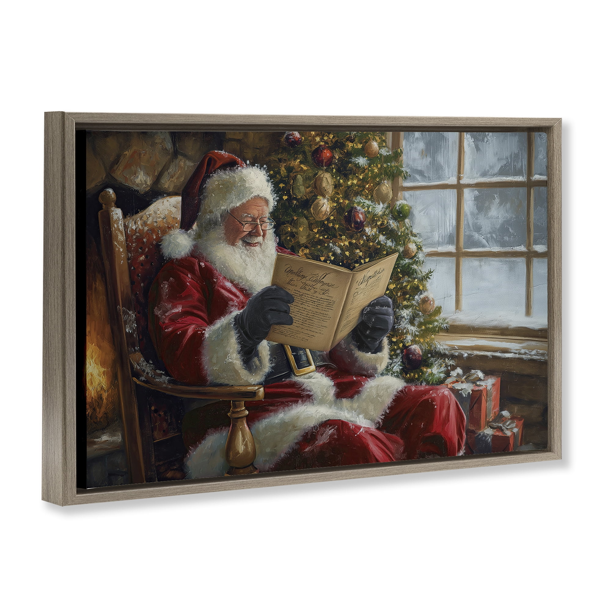 Stupell Industries Cheerful Santa Reading Holiday Painting Brown Floater Framed Canvas Art Prints Wall Art, 25 x 17