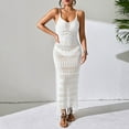 thumbnail image 2 of Womens Sexy Solid Color Knitted V-Neck Halter Maxi Dress Slim Fit Bodycon Beach Vacation Dress with Fringe Tassel Detail, 2 of 5
