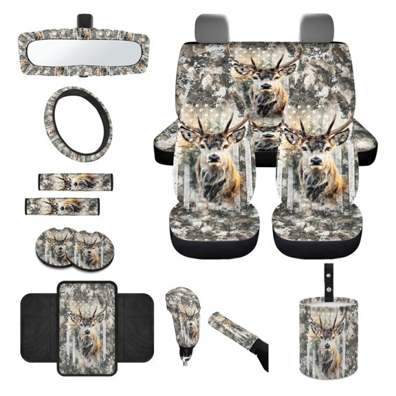 Renewold Deer American Flag Camo Hunting Car Seat Cover Full Set 14 Pack, with Steering Wheel Seat Belt Rear View Mirror Center Console Trash Can Coaster Gear Shift Knob Cover Set Universal Fit