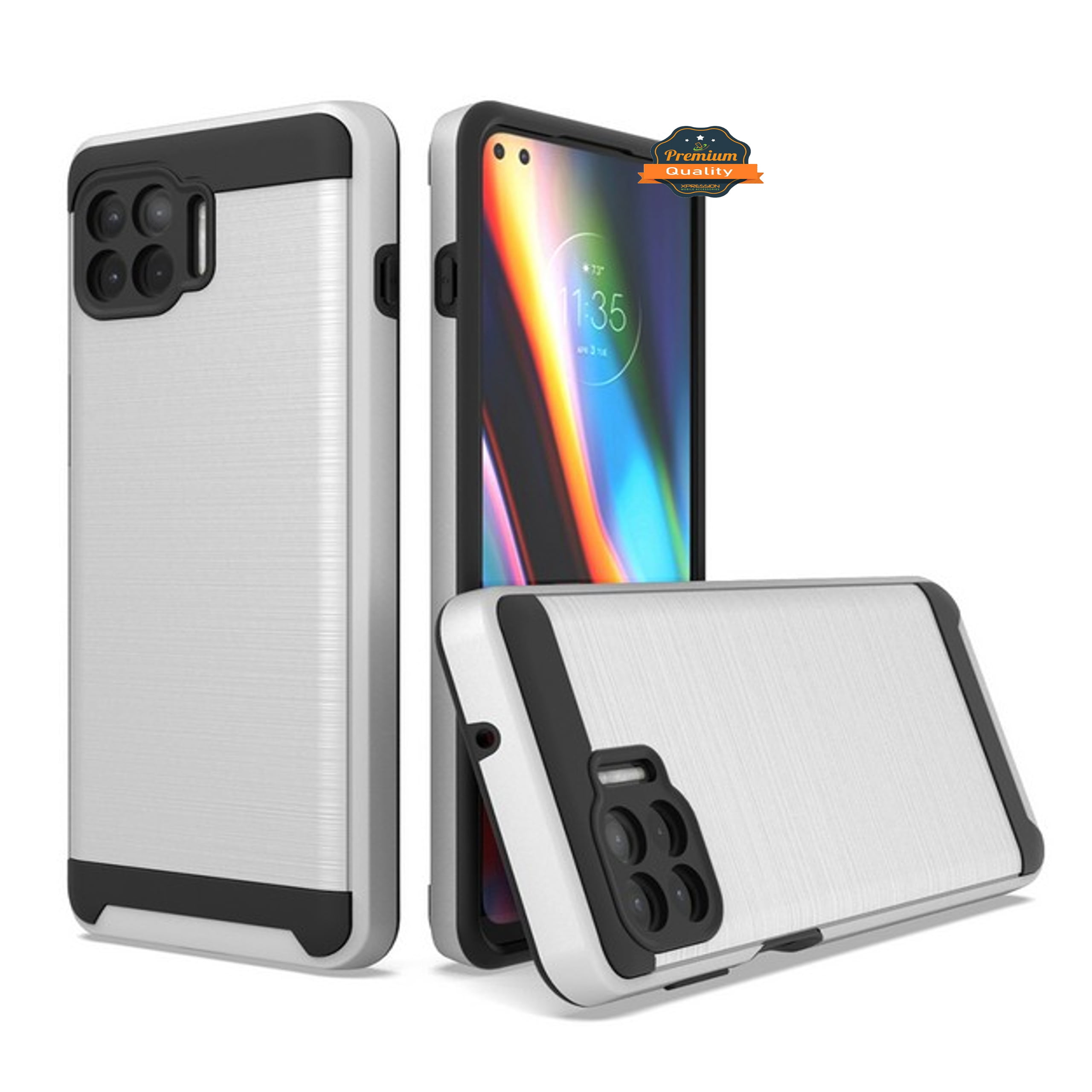 For Motorola Moto One 5G, Moto G 5G Plus Rugged TPU + Hard PC Brushed Metal Texture Hybrid Dual Layer Armor Shockproof Phone Case by Xpression [Silver] - Walmart.com