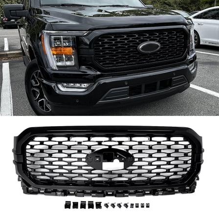 New Front Bumper Grille Grill Agate Black For Ford F150 F-150 2021 2022 2023 Models, W/Black Insert, No Emblem