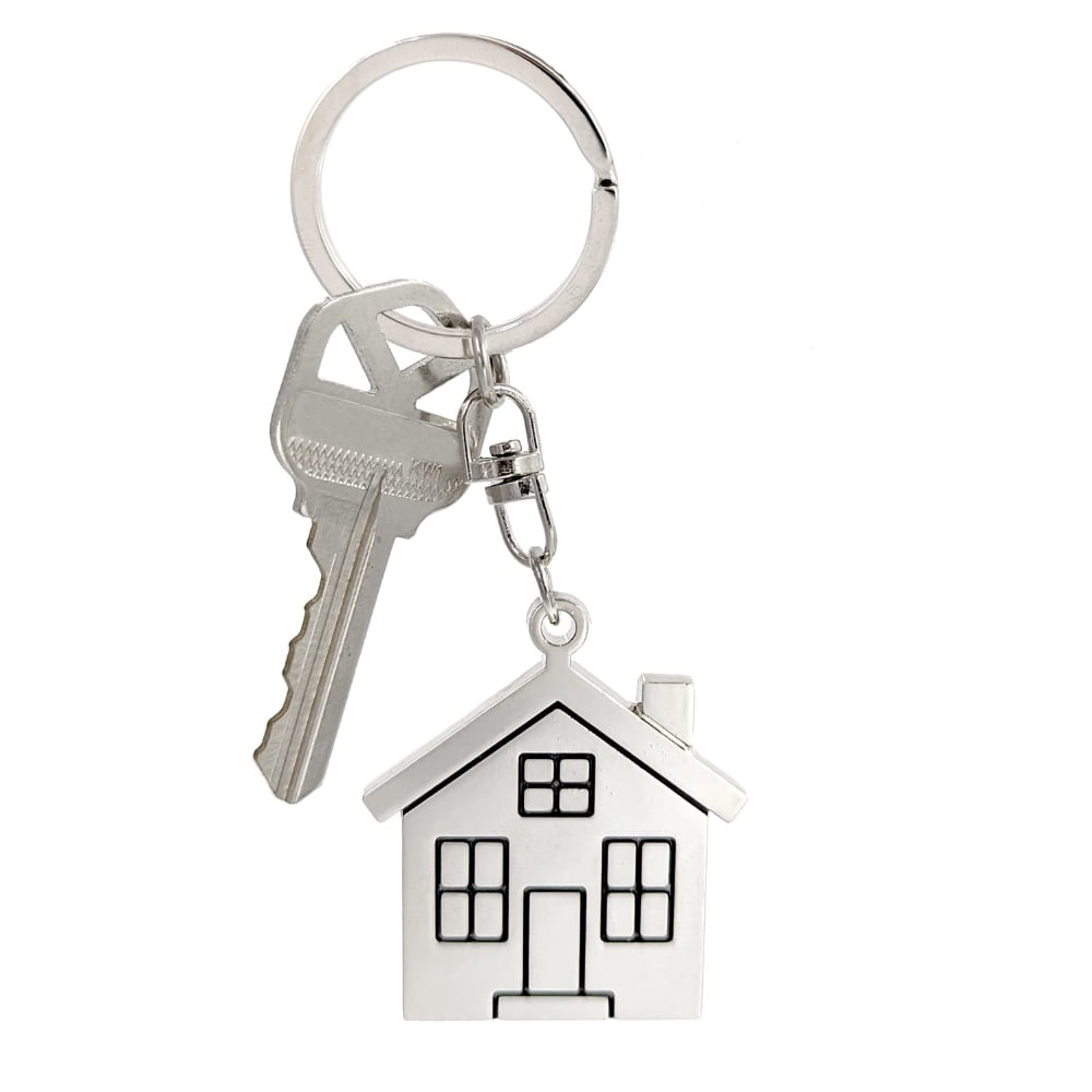 New Home Keychain, 5 Pack, Metal Keyring with Stamped House Pendant Charm