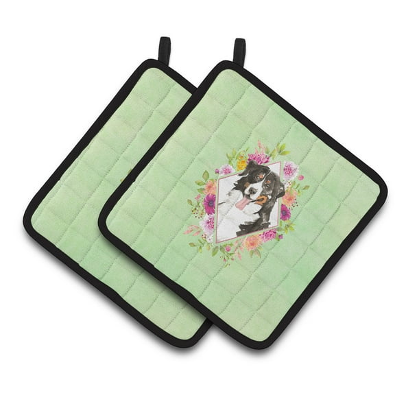 Carolines Treasures CK4424PTHD Bernese Mountain Dog Green Flowers Pair of Pot Holders 7.5HX7.5W multicolor