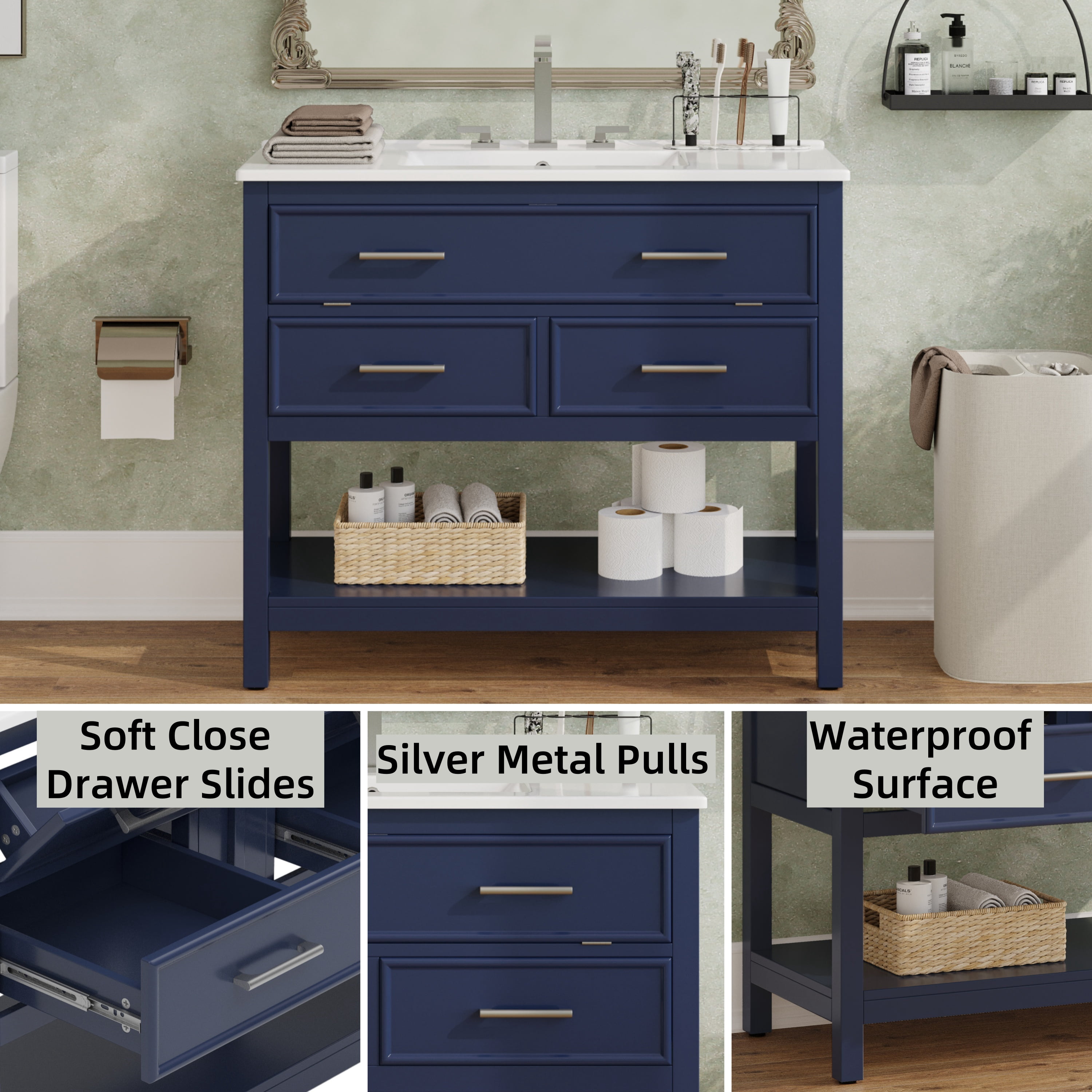 Euroco 36" Bathroom Vanity with Ceramic Sink, Bathroom Vanity with Tip-Out Tray and 2 Full-Extension Drawers, Silver Pulls and Soft Close Drawer Slides Design, 1 Open Shelf at the Bottom, Blue