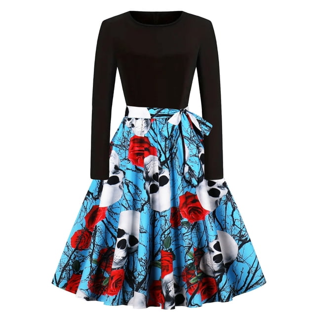 Robe Formelle pour Femmes Manches Longues Col Rond Robe Élégante Imprimé Halloween Automne Hiver Robe de Soirée