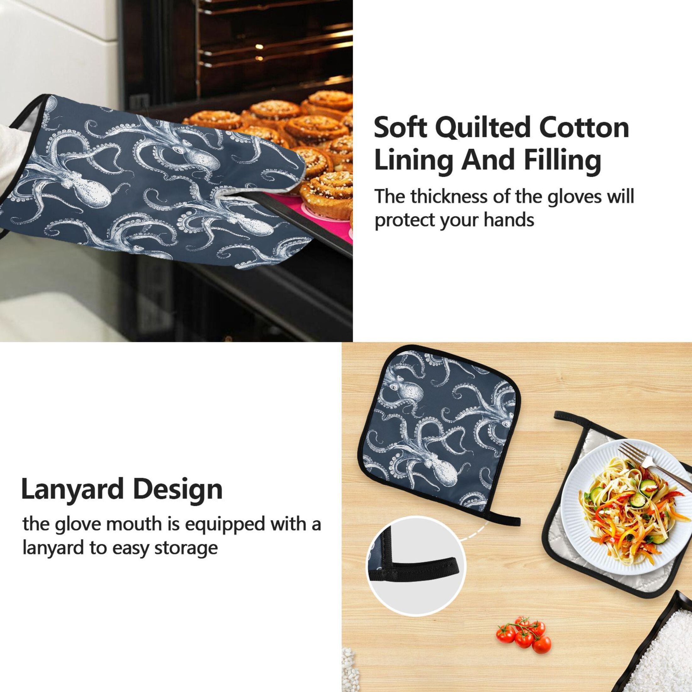 5 Pcs Kitchen Set Heat Resistant Oven Mitts and Non-Slip Pot Holders with Adjustable Cooking Apron Octopus Sketchy