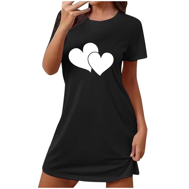 Pyjama Robe de Nuit pour Femmes Manches Courtes Vêtements de Nuit Confortables Chemises de Nuit Imprimées Col Rond Tee Robe de Nuit Douce Ample Pyjama Noir P