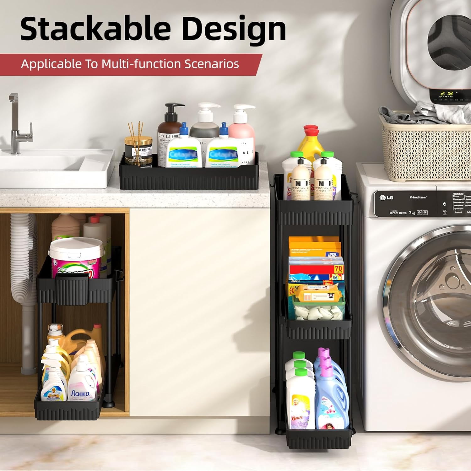 4 Pack Under Sink Organizer, Bathroom Organizers and Storage, 2 Tier Multi-Use Pull Out Cabinet Organizer with Hang Hooks and Cups (Black, 4 Pack)