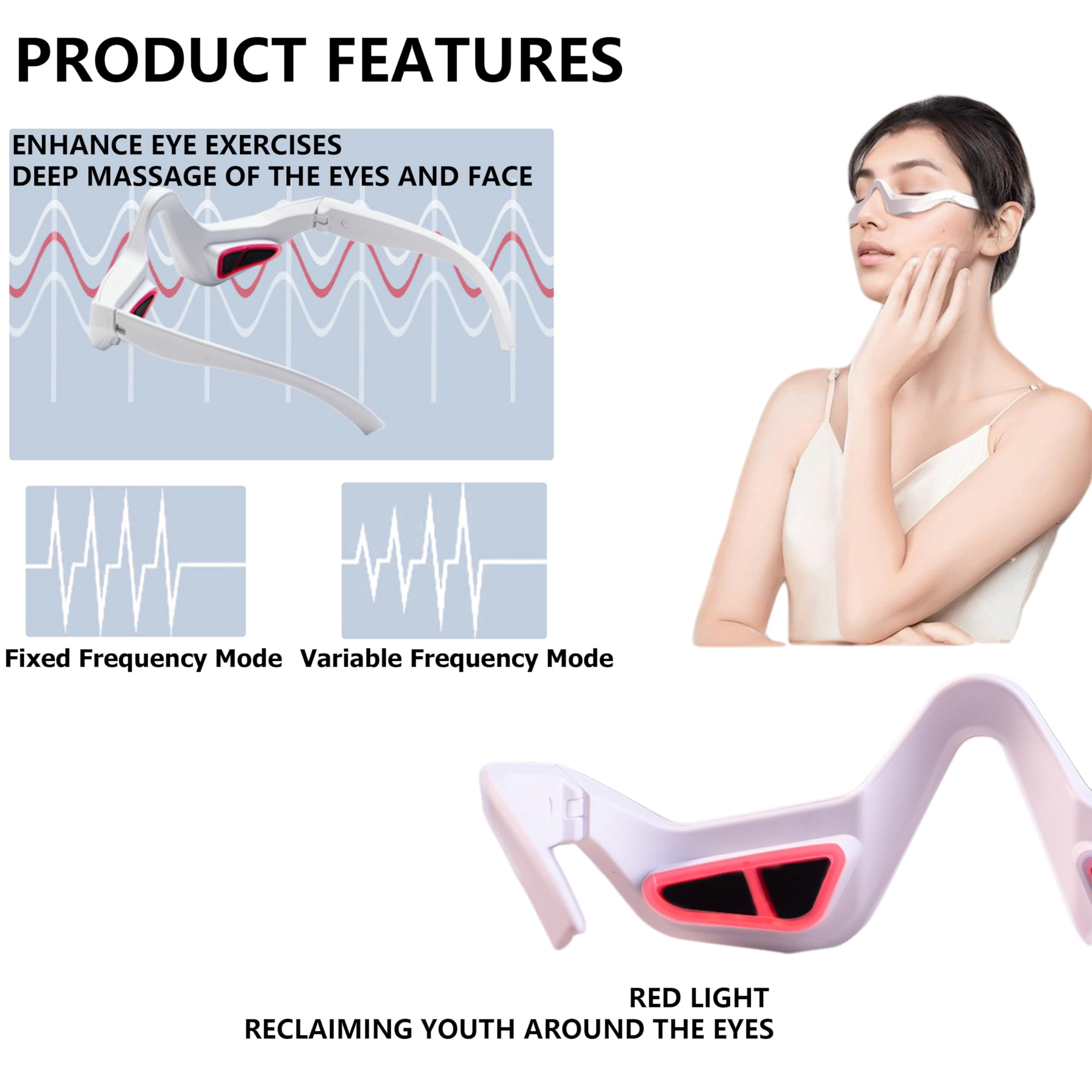 Elitzia Beauty Eye Care Goggles Device Red Light Eye Protection Frames Massager Removes Dark Spots Circles Bags and Wrinkles ET110N (White Eyeglass Temples)