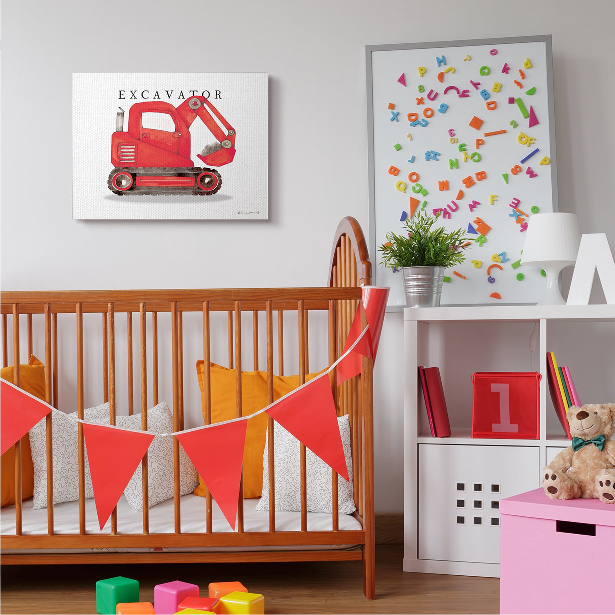 Stupell Industries Red Excavator Truck Traditional Construction Vehicle Transportation Painting Gallery Wrapped Canvas Art Print Wall Art, 24 x 30