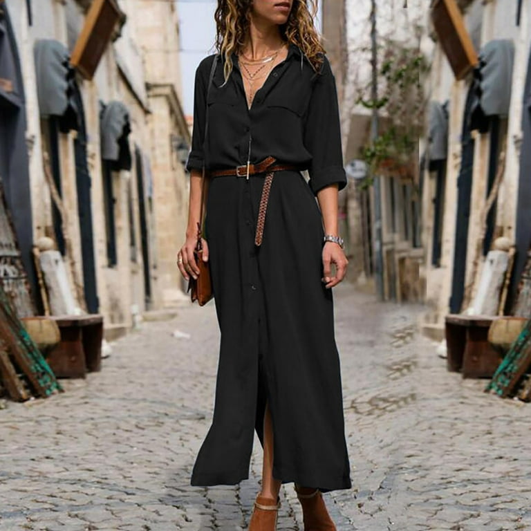 STEADY Women's Casual Loose Long Shirt Long Sleeved Long Sleeved Solid  Color Shirt Dress country dress,Black/M