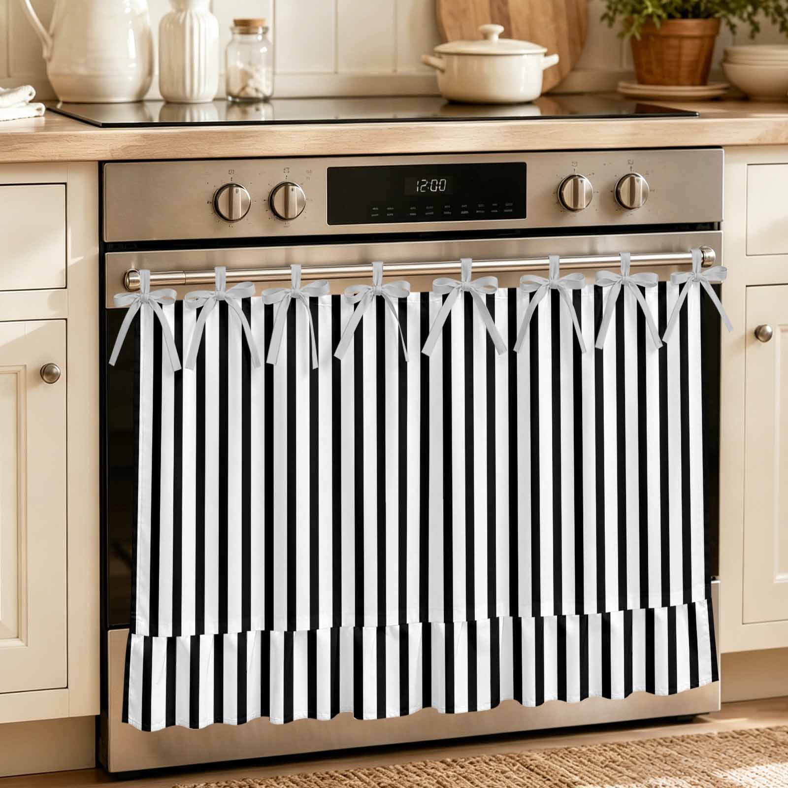 Oven Skirt Curtain for Kitchen 21.5x30 Inch Black White Vertical Striped Oven Curtain with 8 Ribbon Ties & Ruffle Trim Stove Skirt Curtain Dishwasher for Cabinets Sinks Farmhouse Thin Line Stripes