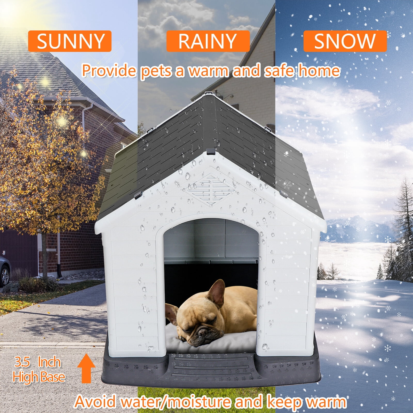 HomGarden 34'' Plastic Dog House Waterproof Outdoor Large Pet Shelter Kennel W/Air Vents, Gray