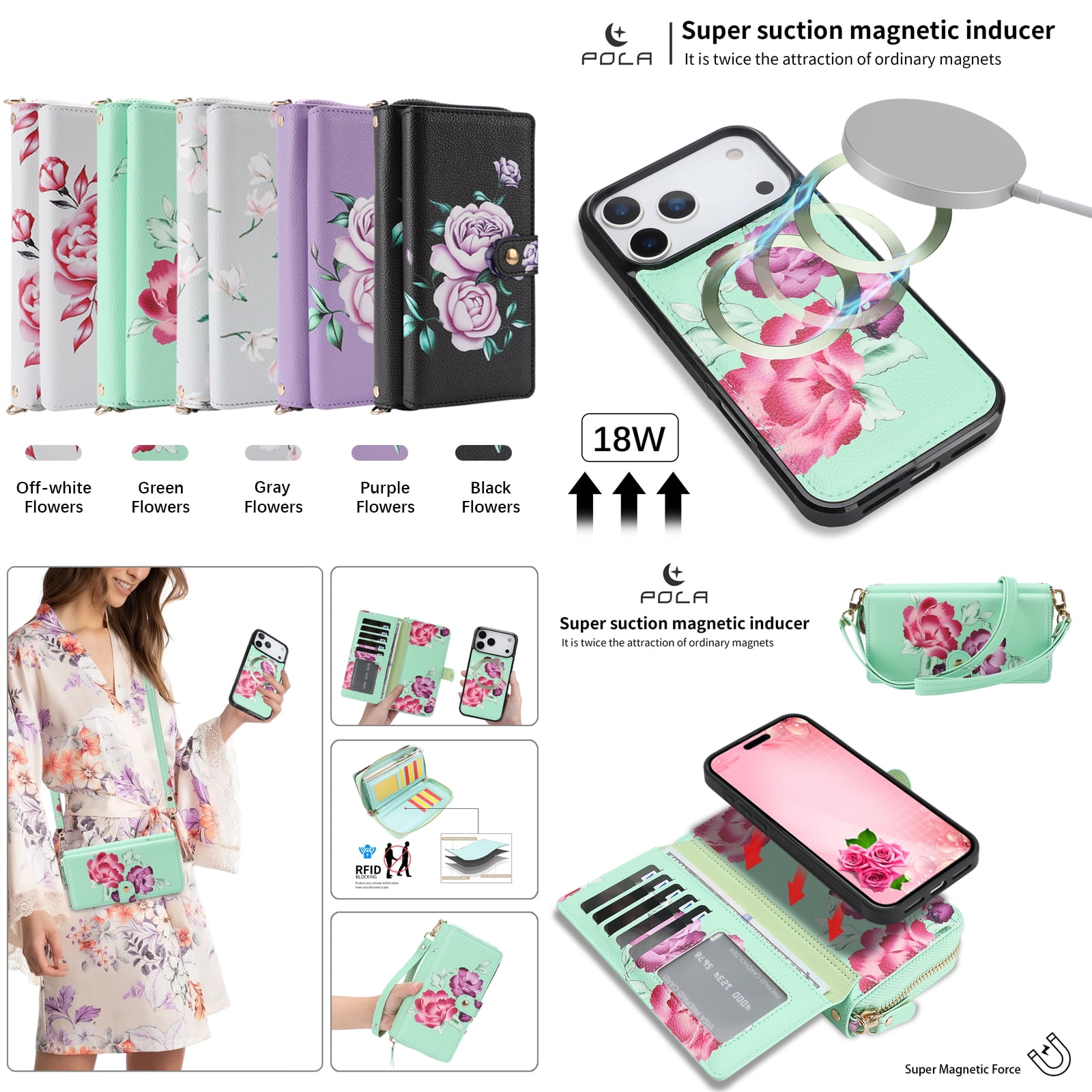 TECH CIRCLE 2-in-1 Wallet Case for iPhone 17 Air (6.5", 2025), Detachable Magnetic Back Cover, Flip Flower Phone Case with 15 Card Slots, Zipper Pocket, Crossbody Strap, Wrist Strap, Green