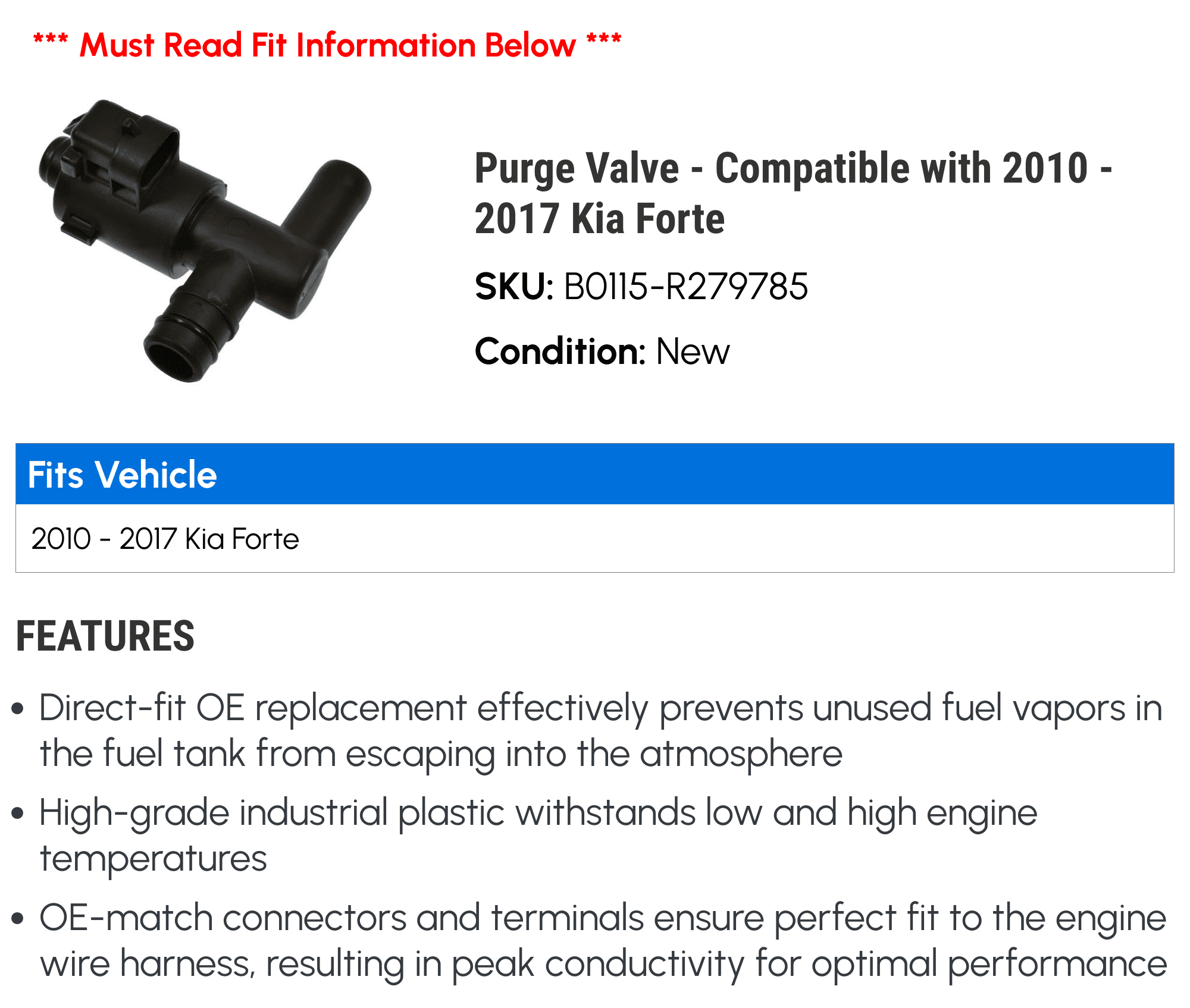 Purge Valve - Compatible with 2010 - 2017 Kia Forte 2011 2012 2013 2014 2015 2016