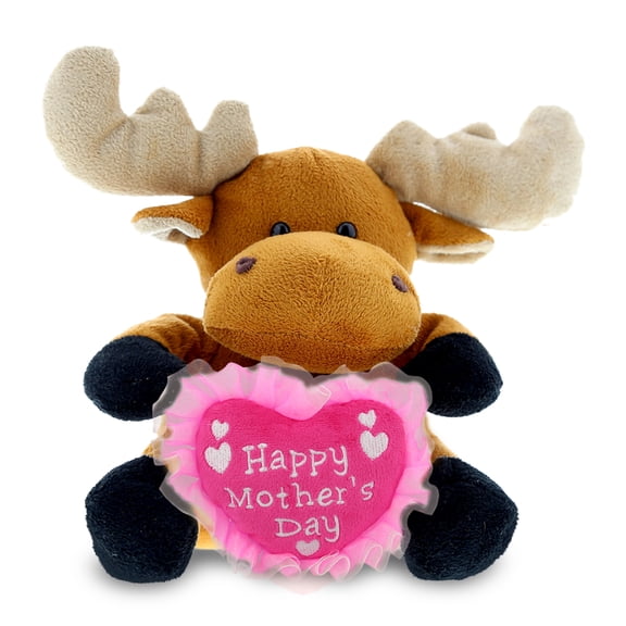 DolliBu Happy Mother's Day Super Soft Plush Sitting Moose Figure - Cute Stuffed Animal with Pink Heart Message for Best Mommy, Grandma, Wife, Daughter - Cute Wild Life Plush Toy Gift - 6" Inches