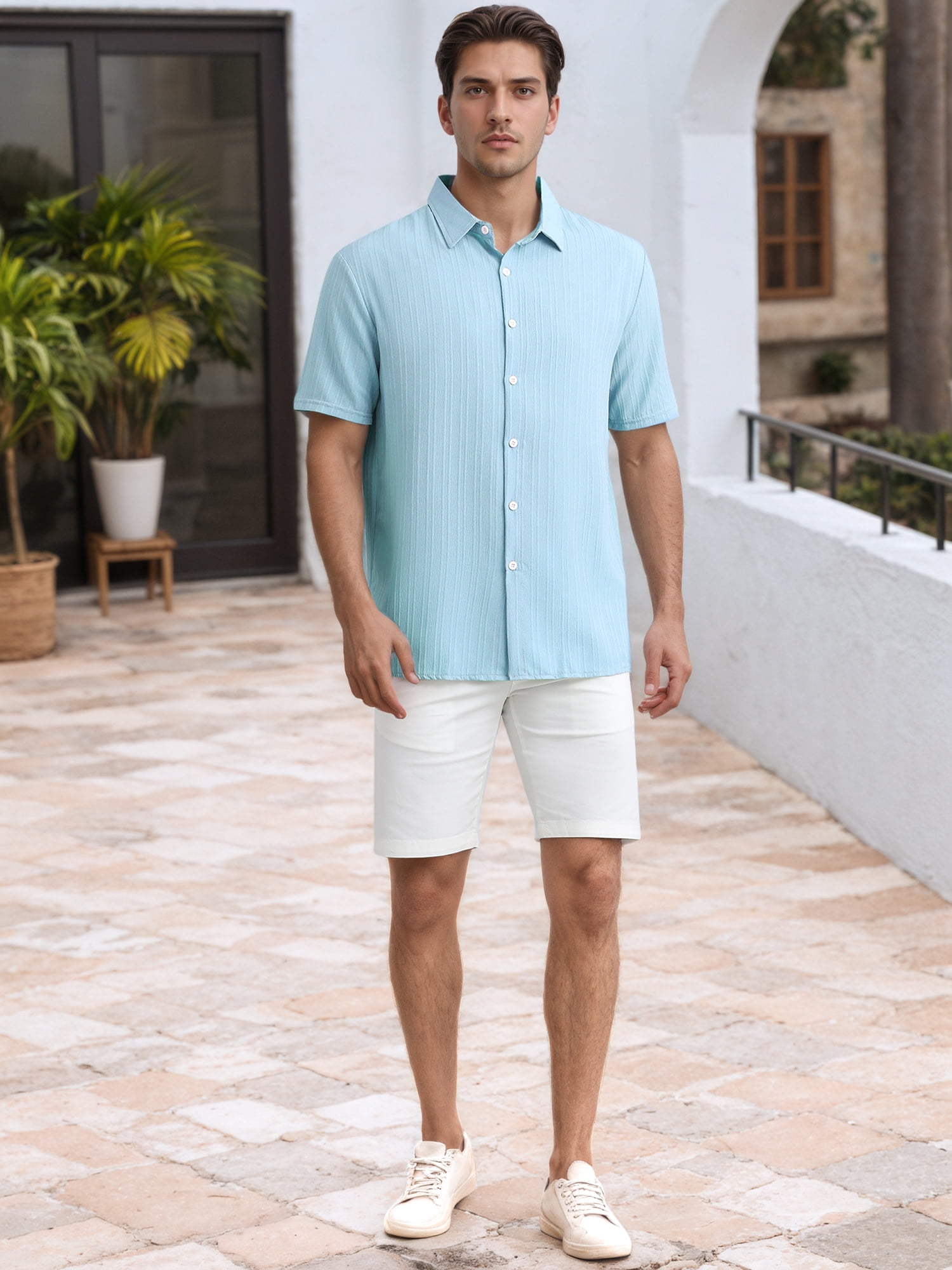 DARING DIVA Men's Short Sleeve Button Down Beach Summer Casual Shirt for Men L Blue