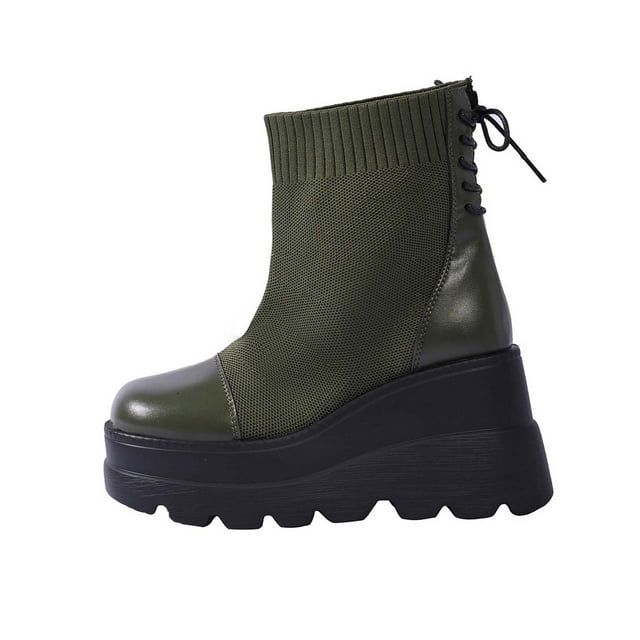 Army Green Womens Boots For Winter With Elastic Leg Round Toe And Rear Laces For Casual Wear Designed To Provide A Comfortable And Secure Fit Size 37