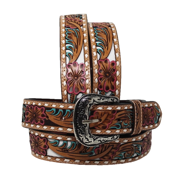 44" Western 1-1/2" Floral Turquoise Cowhide Filigree Brown Leather Belt 26FK83
