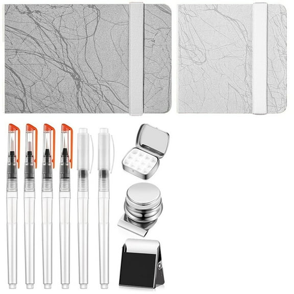 11 Pcs Mini Portable Watercolor Palette Set,12 Grids Watercolor Palette Watercolor Paper Pad, Sketch Book, Brush Pens