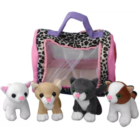 TSF TOYS Cat Play Set with Sounds – 5 Piece Set includes 4 Small Plush Cats Stuffed Animals Plus Carrier with Handle – These Interactive Kitten Toys are Ideal for Fun and Imaginative Play