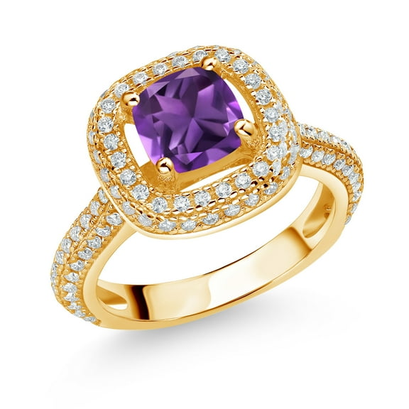 Gem Stone King 18K Yellow Gold Plated Silver Purple Amethyst and White Moissanite Engagement Ring for Women (1.60 Cttw, Cushion 6MM, Gemstone February Birthstone, Size 7)