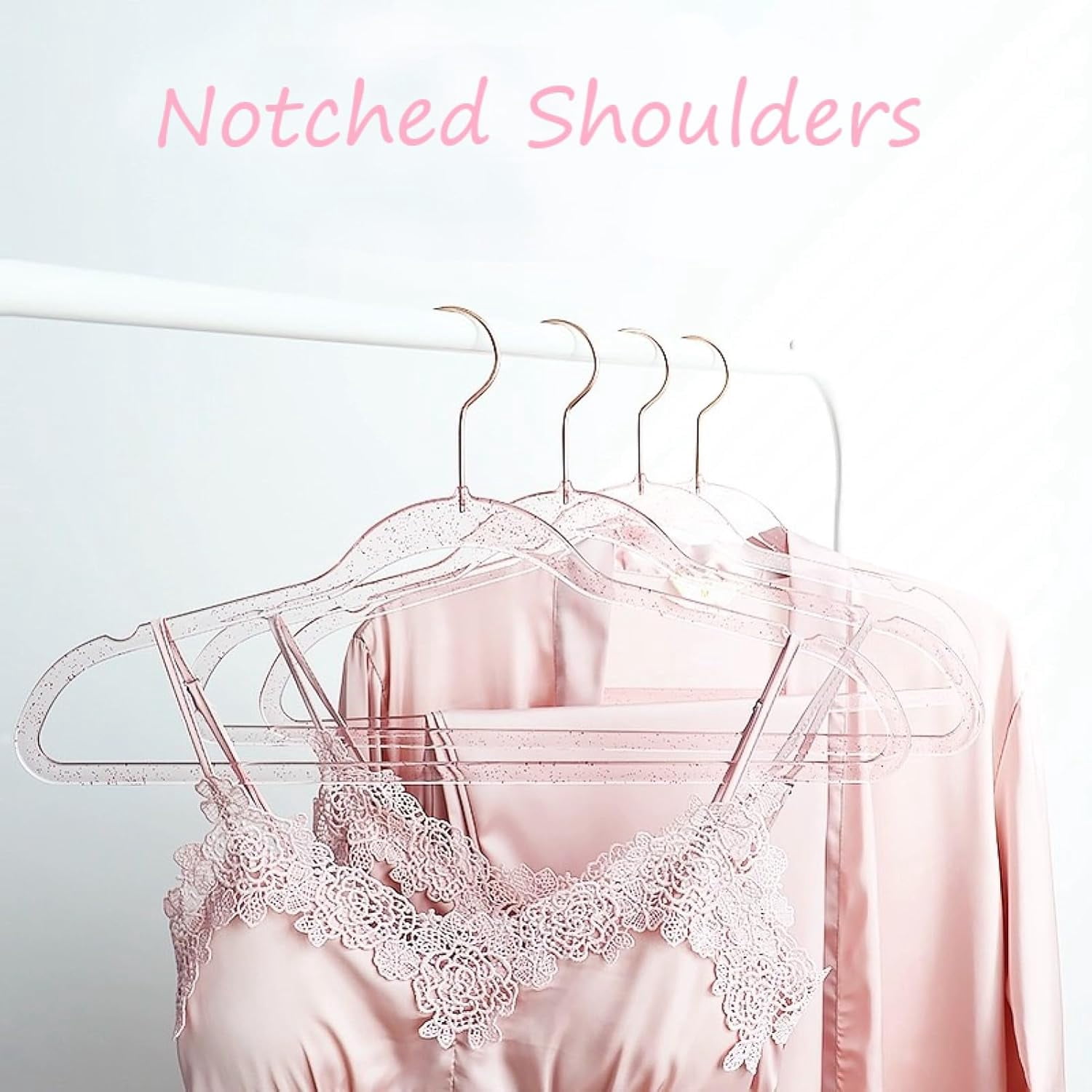 Pink Clothes Hangers, Pack Plastic Clear Coat Hanger for Closet, Durable Bling Ganchos de Ropa with Swivel Hook, Notched Shoulders & Ultra-Thin Space Saving Laundry Hanger for Dress Suits