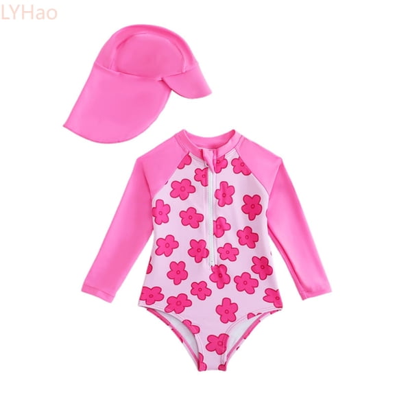 LYHao New Floral Print Long Sleeve One Pice Girls Swimsuit With I Swim Cap Toddler & Kids Swimwear,One-Piece Bathing Suit 9-12 Months Red