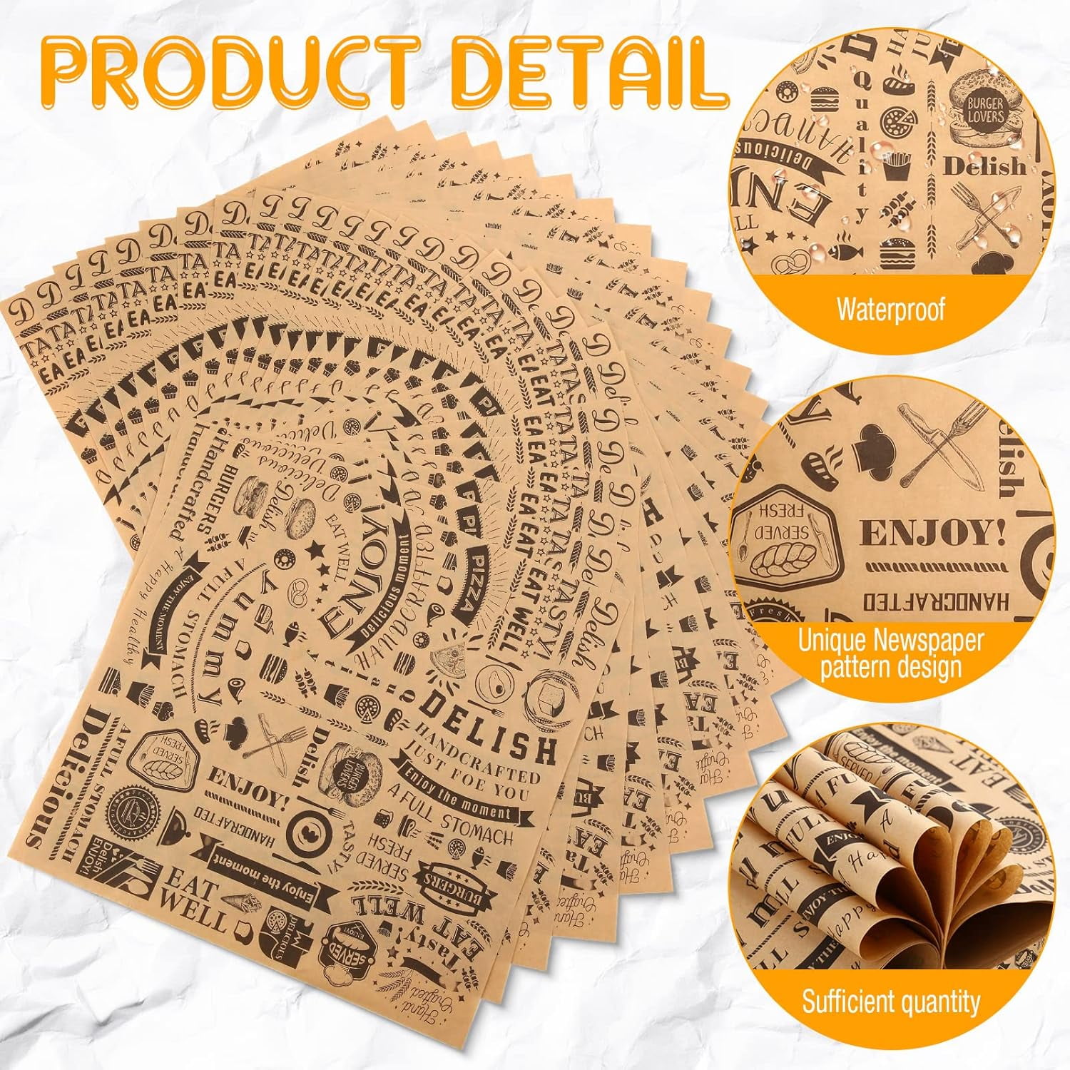 Marspark 200 Pcs Deli Wax Paper Sheets 12 x Inch Square Grease Resistant Tray Basket Liners Hot Dog Wrappers Newsprint Water and Proof Sandwich Wrapping for Food Baking (Brown Black)