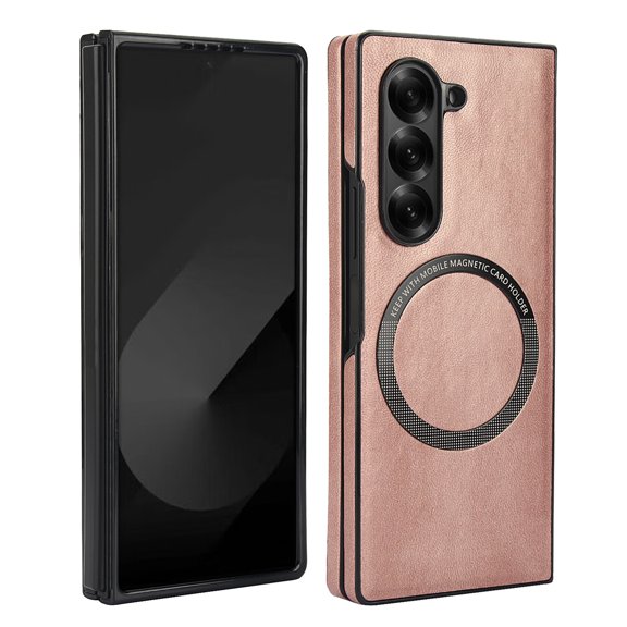 Allytechgroup Magnetic Case for Samsung Galaxy Z Fold 4, Premium PU Leather Back Cover Compatible with Magsafe Anti-Scratch Shockproof Case for Women Men, Rosegold