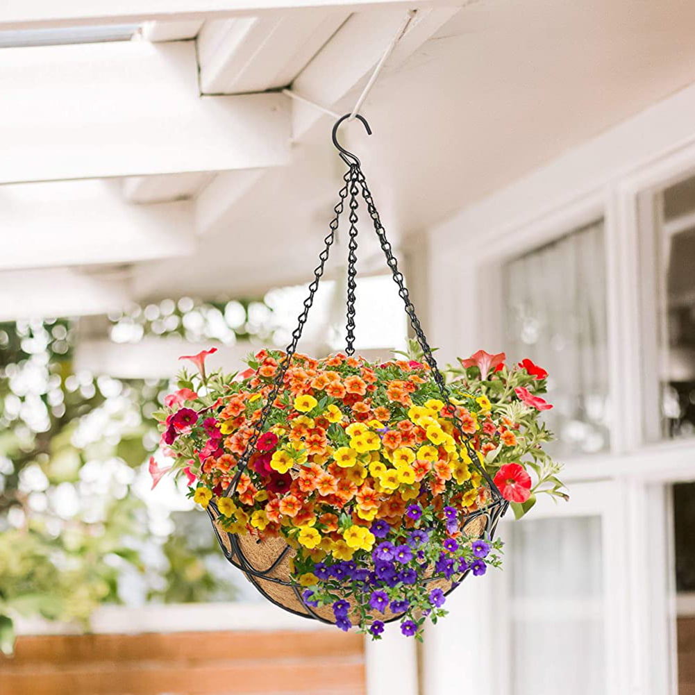 Chain Porch Decor Deck Round Wire Plant Holder Garden Watering Basket for Lawn 10 in Diameter Patio 2 Pack Metal Hanging Planter Basket with Coco Liner Hanging Flower Pot