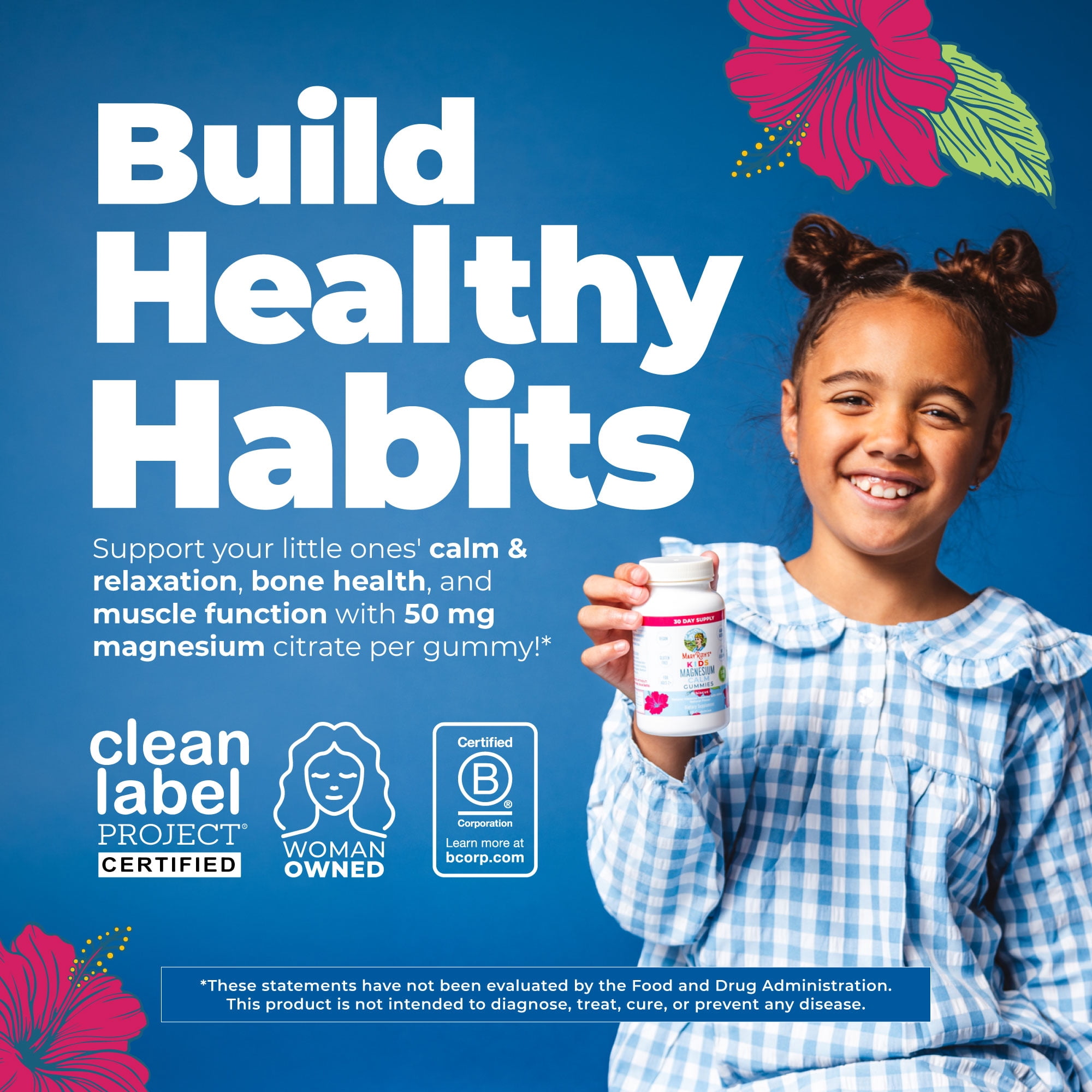 MaryRuth's Magnesium Calm Gummies for Kids Ages 4+, Muscle Support, Bone Health, Vegan, Gluten-Free, Hibiscus Flavor, 60 Count