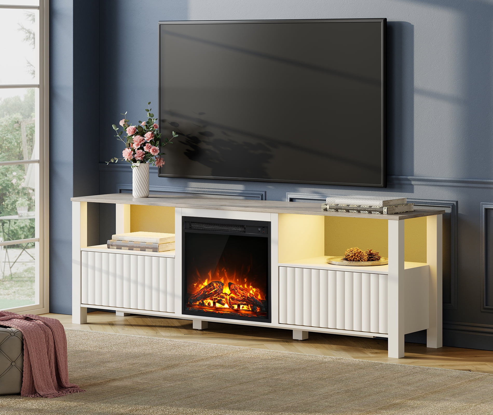 Modern LED Fireplace TV Stand for 75 inch TV and RGB LED Light, Entertainment Center with Storage Cabinets, White
