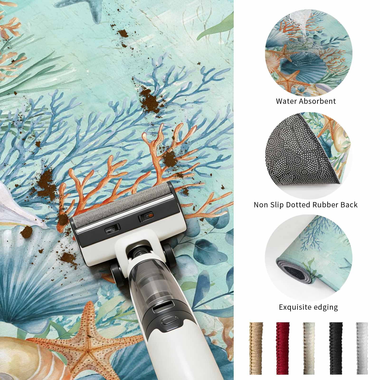 Large Area Rugs 8'x10', Teal Coastal Carpet Runner Indoor Outdoor Rugs Home Decor Aesthetic, Summer Beach Starfish Shell Coral Nautical Non Slip Mats Washable Accent Rug for Living Room Bedroom