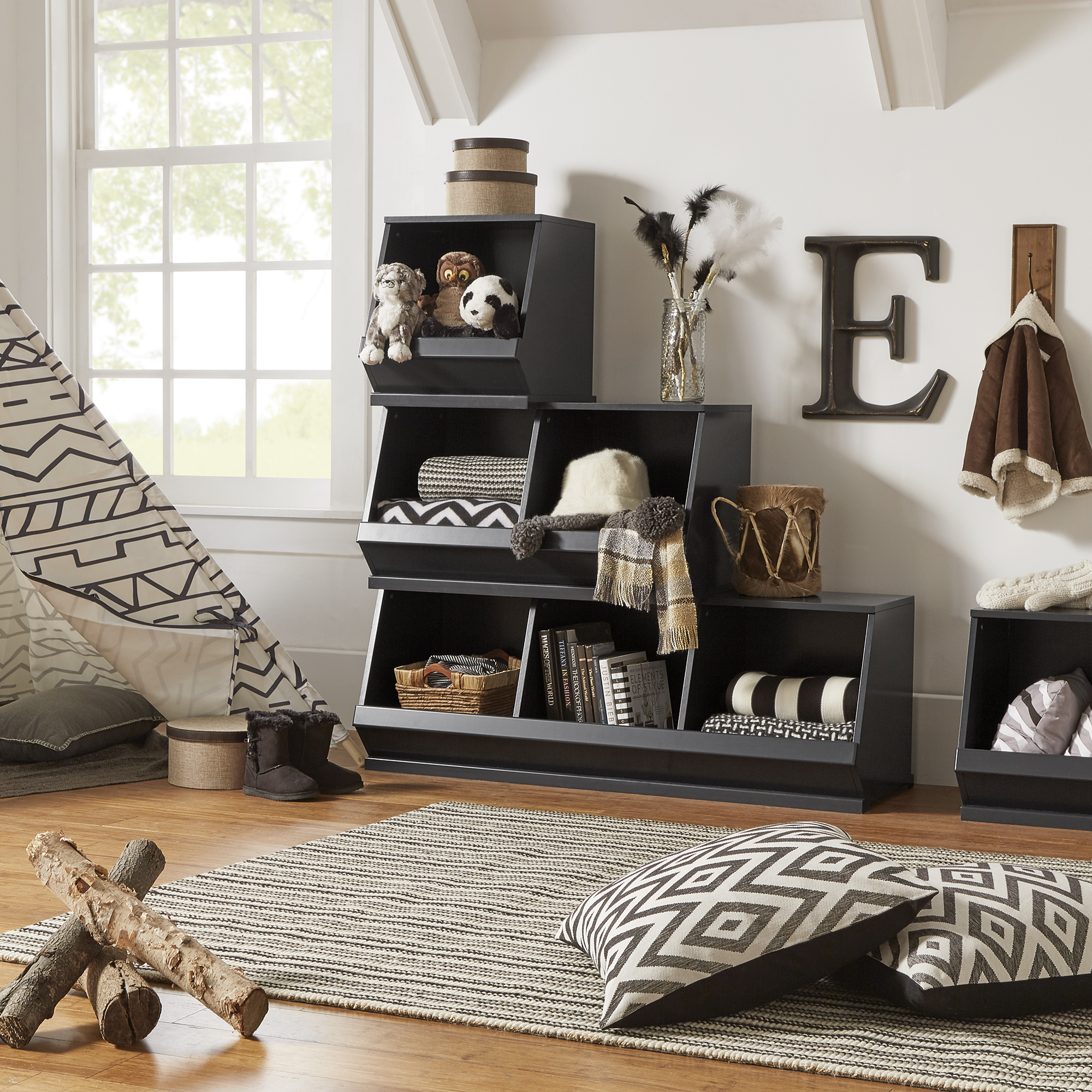 Chelsea Lane Stackable Wood Bin Storage Cubes, Vulcan Black Double Cube