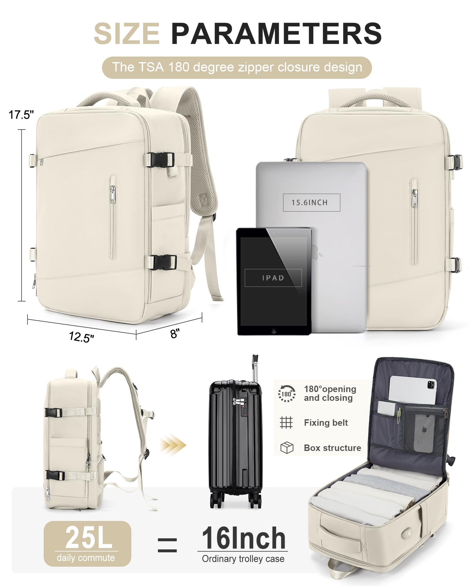 DAKIMOE Large Travel Backpack for Adults Carry on Laptop Backpack Flight Approved Waterproof College Bag with USB Charging Port & Shoe Pouch Casual Daypack for Women Men for Weekender Business, Beige