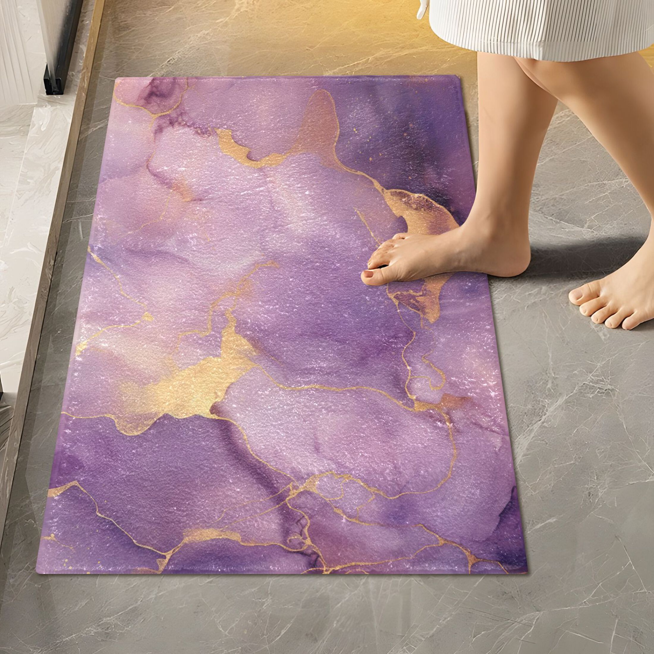 Toilet Rug Set Non-Slip Bathroom Rugs Soft Plush Machine Washable Contour Bath Mat Purple Lilac Marble 24x20/24x16