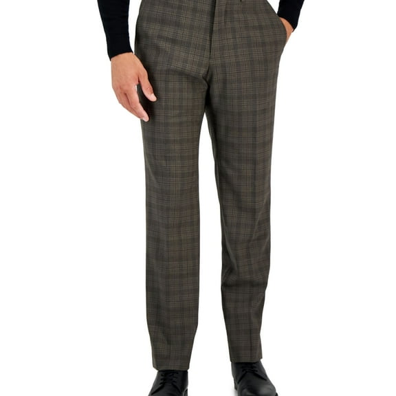 Armani Mens Slim Fit Plaid Dress Pants Slacks, Brown, 38W x 30L