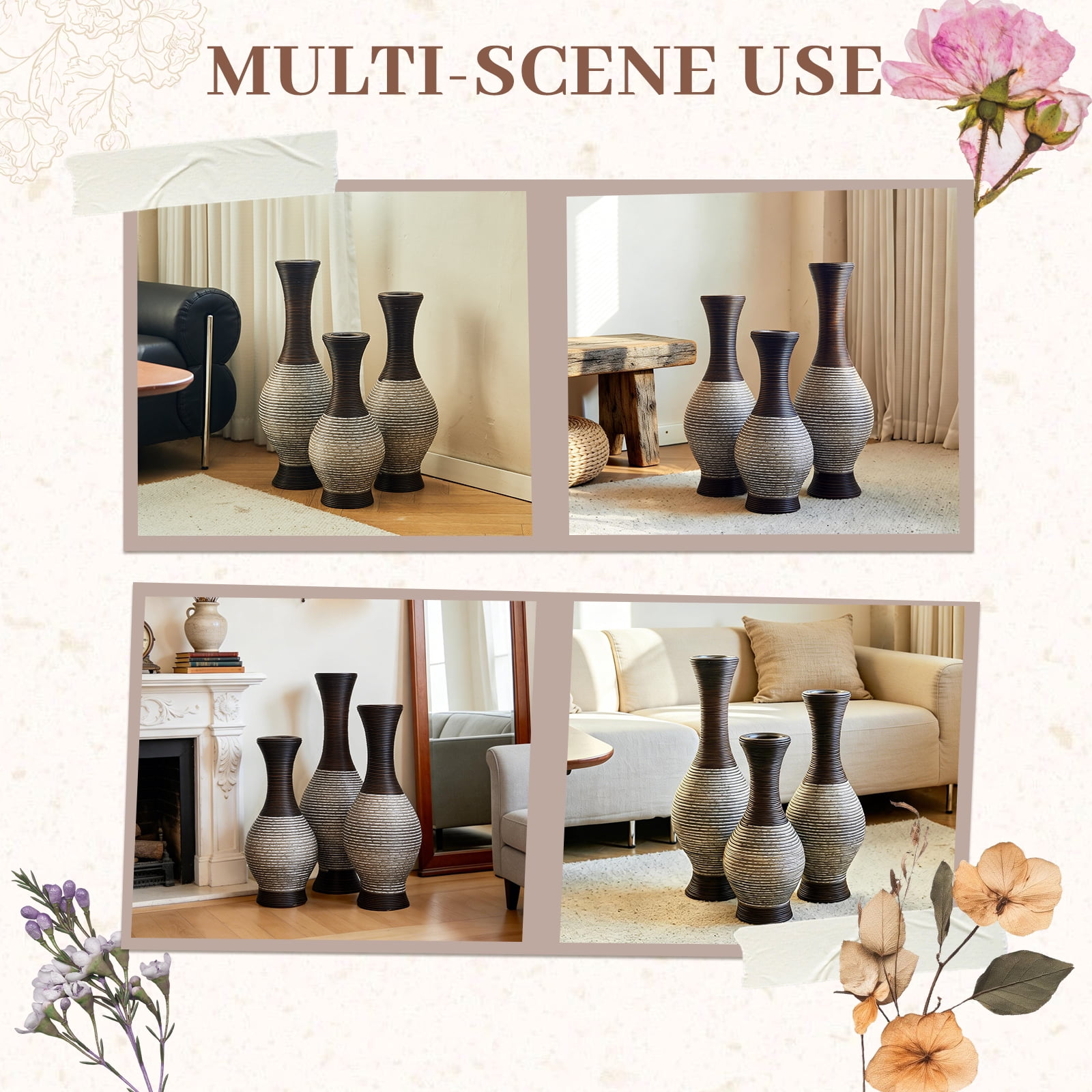Aukfa Tall Floor Vase Set of 3, Extra Large Metal Decorative Vases for Living Room Dining Room Bedroom,Brown