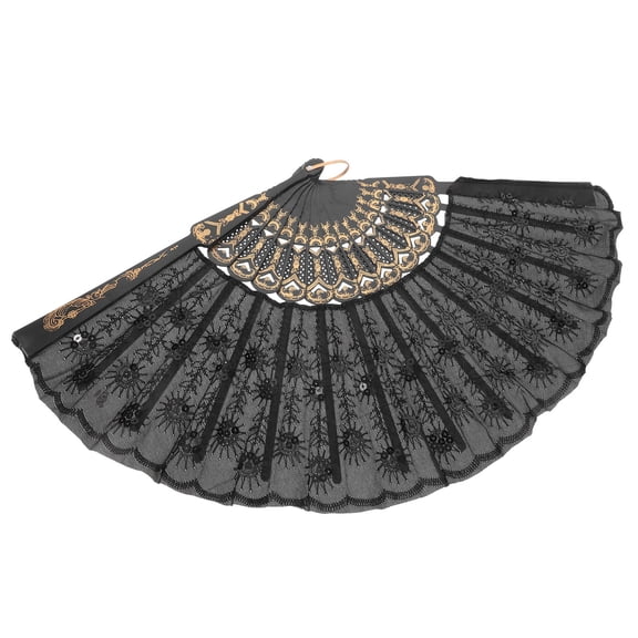 WEUVEB Black Embroidered Sequin Fan for Stage , Dance, Costume, and Home Decor Accessories