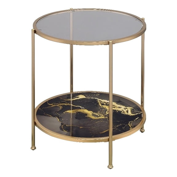 Bowery Hill Round Metal End Table with Black Marble in Gold Finish