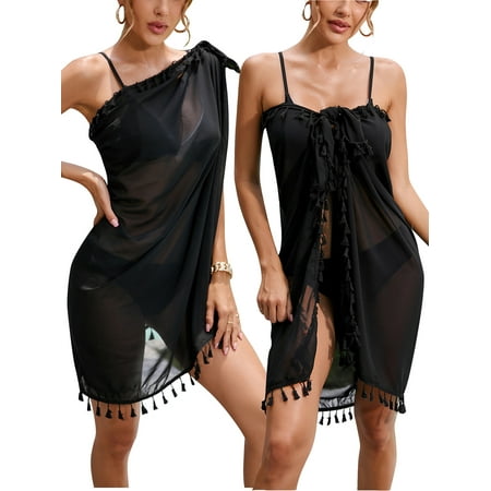 FUTATA Womens Bikini Cover Up Wrap Sarong Beach Swimsuit Multi Choise Skirt Sexy Tassel Swimwear Bathing Suit Bikini Stylish Beach Cover Up Black White